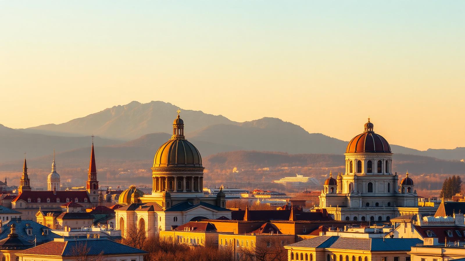 Sofia, Bulgaria skyline at golden hour with Alexander Nevsky Cathedral and Vitosha mountain